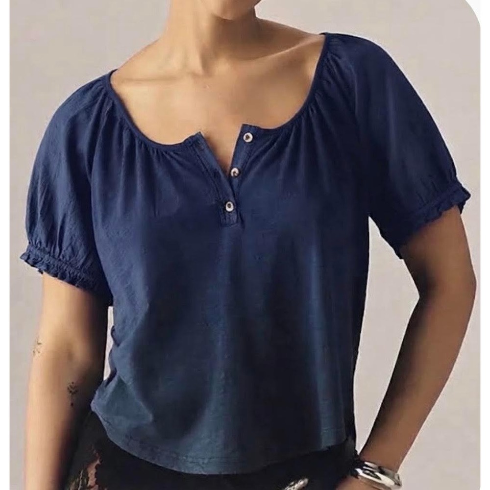 Pilcro Navy Blue Cotton Slub Knit Puff Sleeve Henley Top XS OB2233194